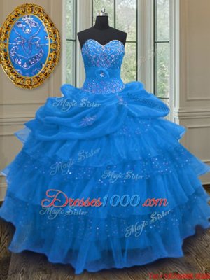 Beading and Ruffled Layers and Pick Ups Vestidos de Quinceanera Blue Lace Up Sleeveless Floor Length