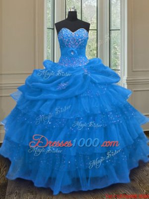 Beading and Ruffled Layers and Pick Ups Vestidos de Quinceanera Blue Lace Up Sleeveless Floor Length