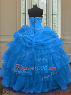 Beading and Ruffled Layers and Pick Ups Vestidos de Quinceanera Blue Lace Up Sleeveless Floor Length