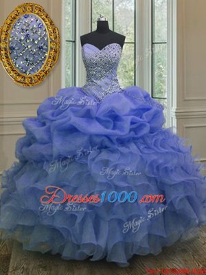 Blue Sleeveless Beading and Ruffles and Pick Ups Floor Length Quinceanera Dress