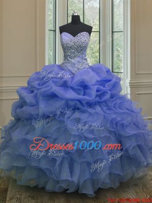 Blue Sleeveless Beading and Ruffles and Pick Ups Floor Length Quinceanera Dress