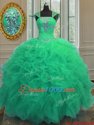 Turquoise Straps Neckline Beading and Ruffles and Sequins Quinceanera Gowns Cap Sleeves Lace Up