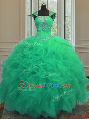 Turquoise Straps Neckline Beading and Ruffles and Sequins Quinceanera Gowns Cap Sleeves Lace Up