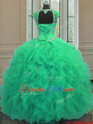 Turquoise Straps Neckline Beading and Ruffles and Sequins Quinceanera Gowns Cap Sleeves Lace Up