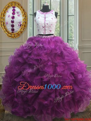 Free and Easy Fuchsia Clasp Handle Scoop Appliques and Ruffles Quinceanera Gowns Organza Sleeveless