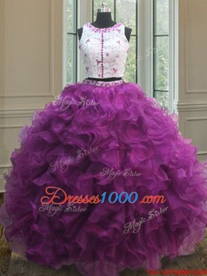 Free and Easy Fuchsia Clasp Handle Scoop Appliques and Ruffles Quinceanera Gowns Organza Sleeveless