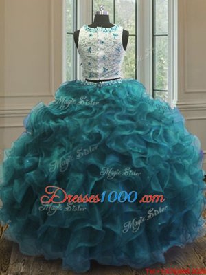 Admirable Scoop Clasp Handle Teal Sleeveless Beading and Ruffles Floor Length Quinceanera Dresses