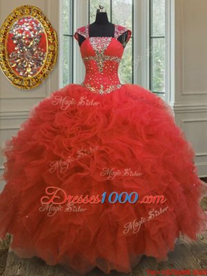 Comfortable Straps Straps Sequins Floor Length Ball Gowns Cap Sleeves Coral Red Quinceanera Dress Lace Up