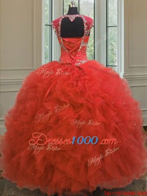 Comfortable Straps Straps Sequins Floor Length Ball Gowns Cap Sleeves Coral Red Quinceanera Dress Lace Up