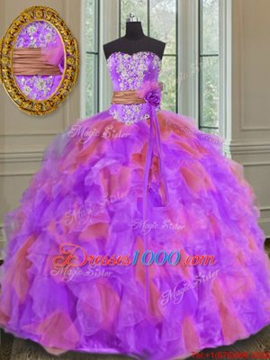 Sweet Multi-color Ball Gowns Sweetheart Sleeveless Organza Floor Length Lace Up Beading and Ruffles and Sashes|ribbons and Hand Made Flower Sweet 16 Quinceanera Dress