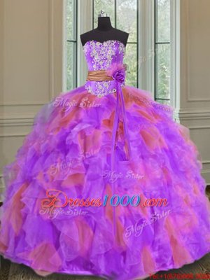 Sweet Multi-color Ball Gowns Sweetheart Sleeveless Organza Floor Length Lace Up Beading and Ruffles and Sashes|ribbons and Hand Made Flower Sweet 16 Quinceanera Dress