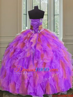 Sweet Multi-color Ball Gowns Sweetheart Sleeveless Organza Floor Length Lace Up Beading and Ruffles and Sashes|ribbons and Hand Made Flower Sweet 16 Quinceanera Dress