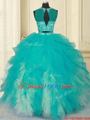 Scoop Sleeveless Tulle Floor Length Zipper Vestidos de Quinceanera in Turquoise for with Beading and Ruffles