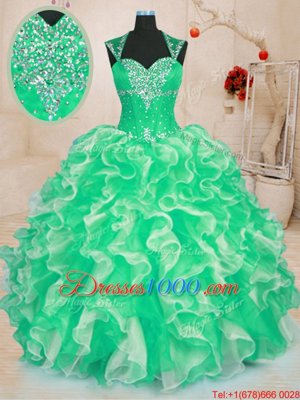 Custom Fit Green Organza Lace Up Quinceanera Gowns Sleeveless Floor Length Beading and Ruffles