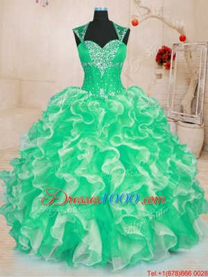 Custom Fit Green Organza Lace Up Quinceanera Gowns Sleeveless Floor Length Beading and Ruffles