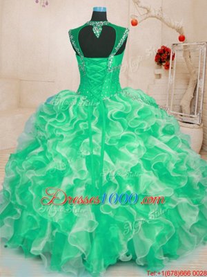 Custom Fit Green Organza Lace Up Quinceanera Gowns Sleeveless Floor Length Beading and Ruffles