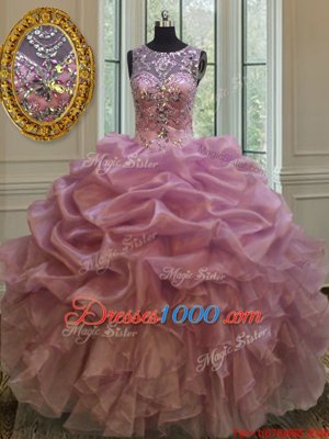 Traditional Scoop Sleeveless Organza Vestidos de Quinceanera Beading and Ruffles and Pick Ups Lace Up
