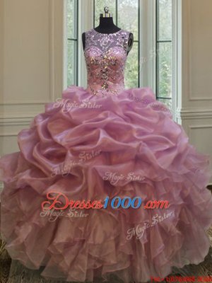 Traditional Scoop Sleeveless Organza Vestidos de Quinceanera Beading and Ruffles and Pick Ups Lace Up