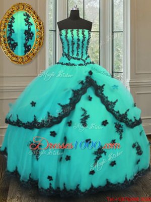 Turquoise Quinceanera Gown Military Ball and Sweet 16 and Quinceanera and For with Appliques Strapless Sleeveless Lace Up