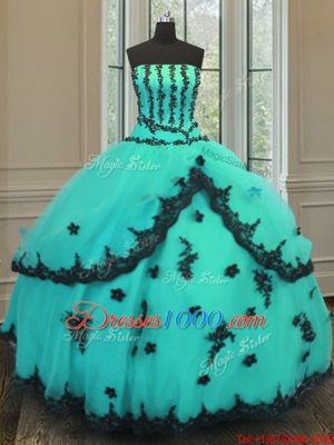 Turquoise Quinceanera Gown Military Ball and Sweet 16 and Quinceanera and For with Appliques Strapless Sleeveless Lace Up