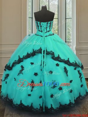 Turquoise Quinceanera Gown Military Ball and Sweet 16 and Quinceanera and For with Appliques Strapless Sleeveless Lace Up