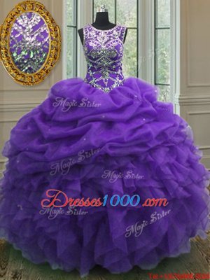 Custom Design Scoop Sleeveless Floor Length Beading and Ruffles and Pick Ups Lace Up Quinceanera Dress with Purple