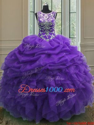 Custom Design Scoop Sleeveless Floor Length Beading and Ruffles and Pick Ups Lace Up Quinceanera Dress with Purple