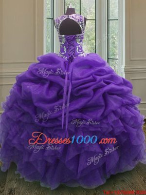 Custom Design Scoop Sleeveless Floor Length Beading and Ruffles and Pick Ups Lace Up Quinceanera Dress with Purple