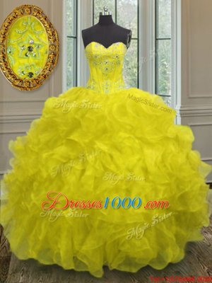 Deluxe Floor Length Yellow 15th Birthday Dress Sweetheart Sleeveless Lace Up