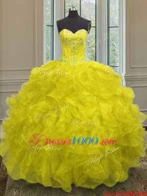 Deluxe Floor Length Yellow 15th Birthday Dress Sweetheart Sleeveless Lace Up