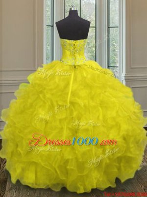 Deluxe Floor Length Yellow 15th Birthday Dress Sweetheart Sleeveless Lace Up