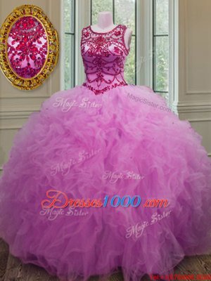 Scoop Floor Length Lace Up Sweet 16 Dresses Lilac and In for Military Ball and Sweet 16 and Quinceanera with Beading and Ruffles