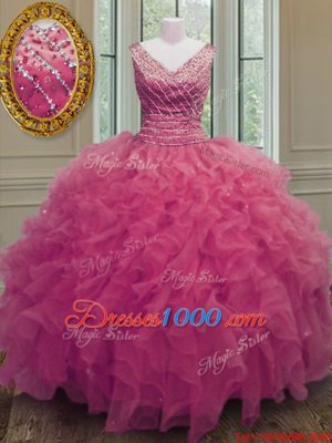 Stunning Hot Pink Sleeveless Organza Zipper Sweet 16 Dresses for Military Ball and Sweet 16 and Quinceanera