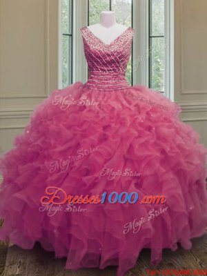 Stunning Hot Pink Sleeveless Organza Zipper Sweet 16 Dresses for Military Ball and Sweet 16 and Quinceanera
