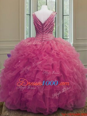 Stunning Hot Pink Sleeveless Organza Zipper Sweet 16 Dresses for Military Ball and Sweet 16 and Quinceanera