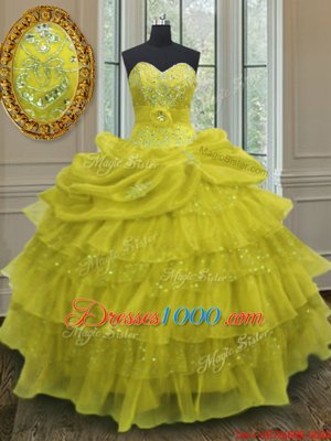 Beading and Ruffled Layers and Pick Ups Ball Gown Prom Dress Yellow Lace Up Sleeveless Floor Length