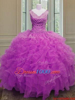 High End Floor Length Fuchsia Quinceanera Gowns V-neck Sleeveless Zipper