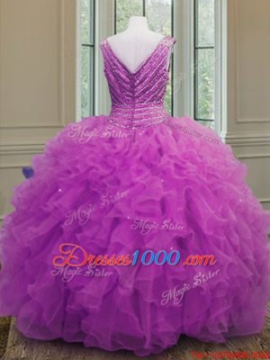 High End Floor Length Fuchsia Quinceanera Gowns V-neck Sleeveless Zipper