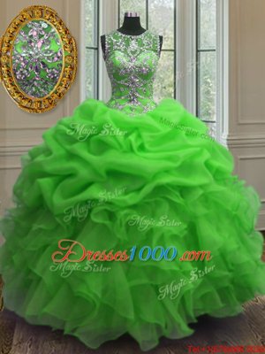 Scoop Sleeveless Sweet 16 Dresses Floor Length Beading and Ruffles and Pick Ups Green Organza