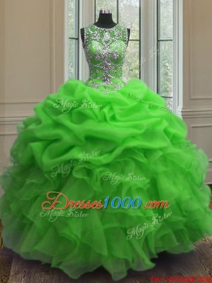 Scoop Sleeveless Sweet 16 Dresses Floor Length Beading and Ruffles and Pick Ups Green Organza