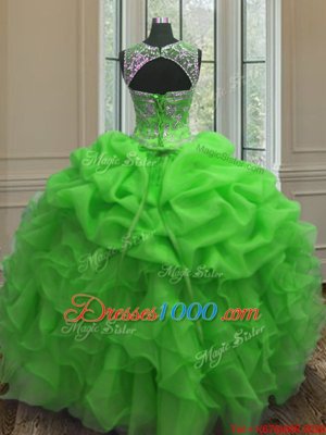 Scoop Sleeveless Sweet 16 Dresses Floor Length Beading and Ruffles and Pick Ups Green Organza