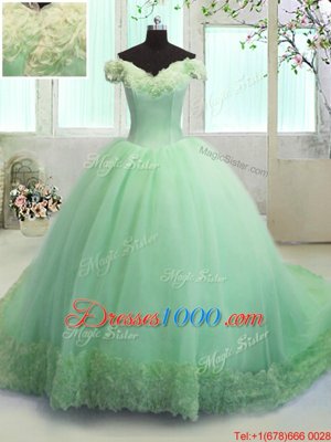 New Style Off The Shoulder Neckline Hand Made Flower Quince Ball Gowns Short Sleeves Lace Up