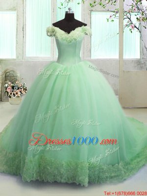 New Style Off The Shoulder Neckline Hand Made Flower Quince Ball Gowns Short Sleeves Lace Up