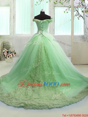 New Style Off The Shoulder Neckline Hand Made Flower Quince Ball Gowns Short Sleeves Lace Up