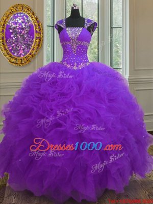 Vintage Straps Straps Cap Sleeves Floor Length Lace Up 15 Quinceanera Dress Purple and In for Military Ball and Sweet 16 and Quinceanera with Beading and Ruffles and Sequins