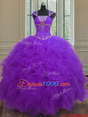 Vintage Straps Straps Cap Sleeves Floor Length Lace Up 15 Quinceanera Dress Purple and In for Military Ball and Sweet 16 and Quinceanera with Beading and Ruffles and Sequins