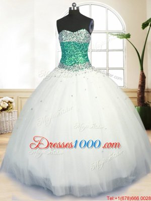 Sleeveless Floor Length Beading Lace Up Sweet 16 Quinceanera Dress with White