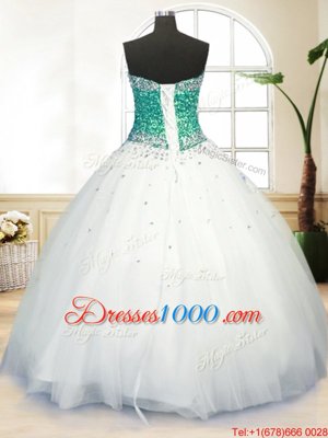 Sleeveless Floor Length Beading Lace Up Sweet 16 Quinceanera Dress with White