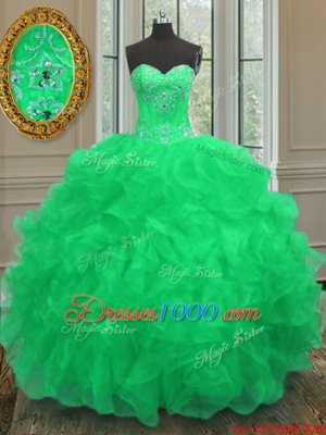 Green Lace Up Sweetheart Beading and Embroidery and Ruffles Sweet 16 Dresses Organza Sleeveless