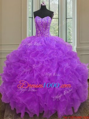 Fantastic Purple Quinceanera Dresses Military Ball and Sweet 16 and Quinceanera and For with Beading and Ruffles Sweetheart Sleeveless Lace Up